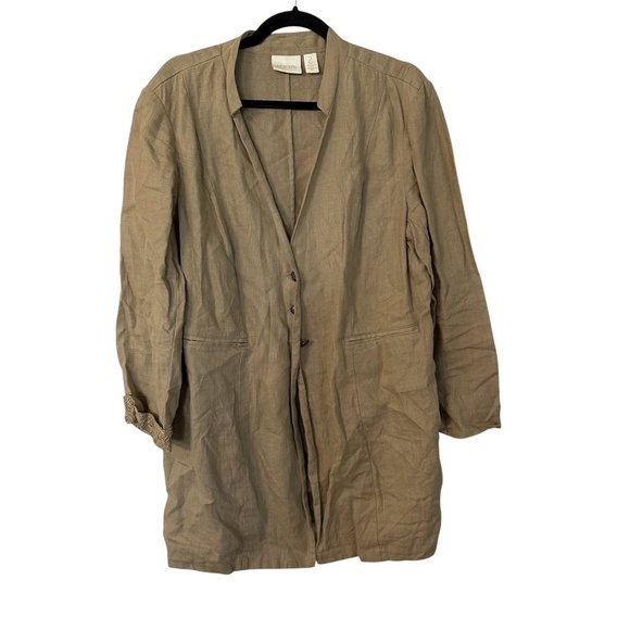 Chico’s Women’s Long Sleeve with Lace Tan Button Front Linen Jacket Sz 2, L GUC - Picture 1 of 8